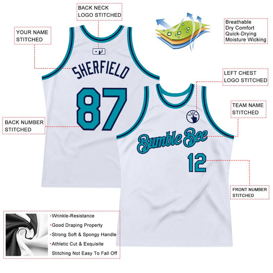 Custom White Teal-Navy Authentic Throwback Basketball Jersey