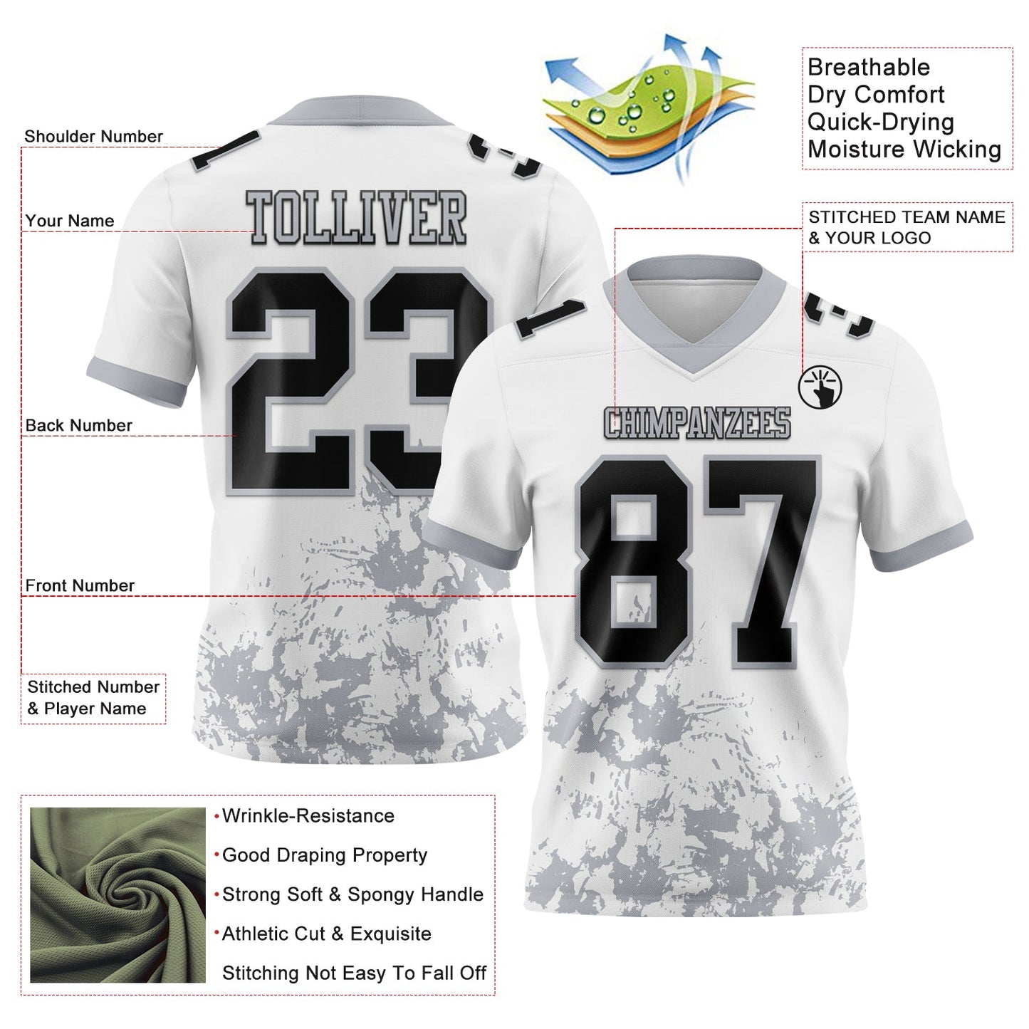 Custom White Black-Gray Splash Mesh Authentic Football Jersey