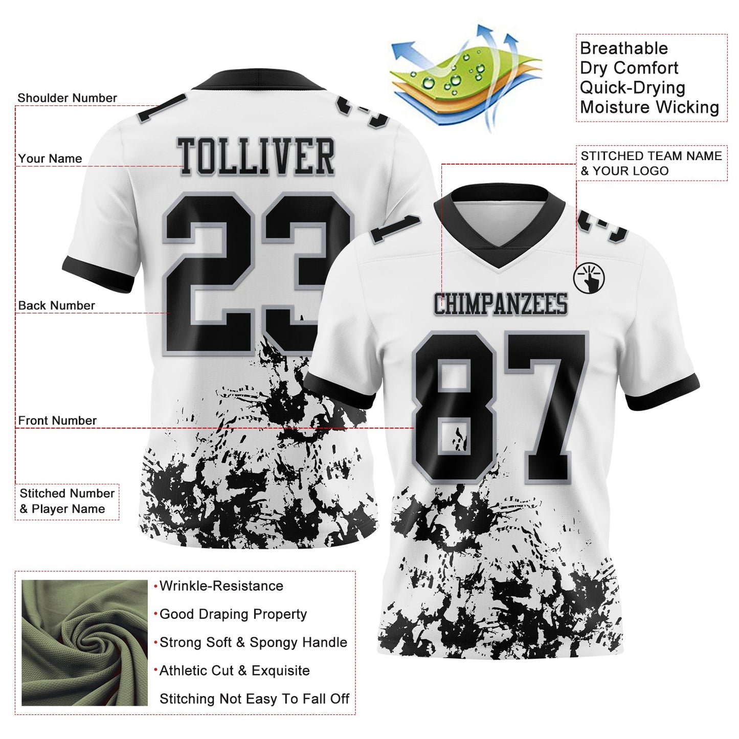 Custom White Black-Gray Splash Mesh Authentic Football Jersey