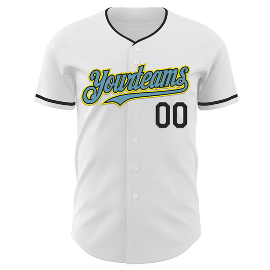 Custom White Black Shadow Blue-Light Yellow Authentic Baseball Jersey
