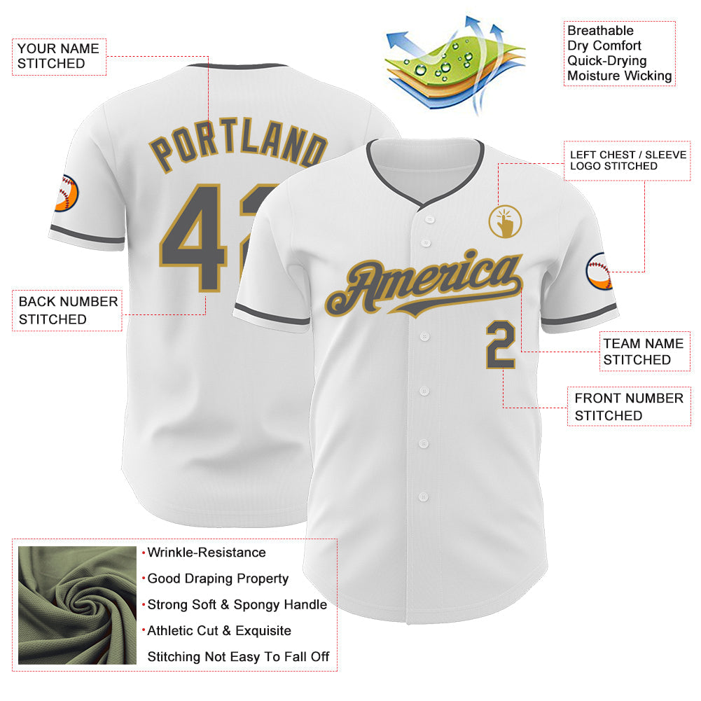 Custom White Steel Gray-Old Gold Authentic Baseball Jersey