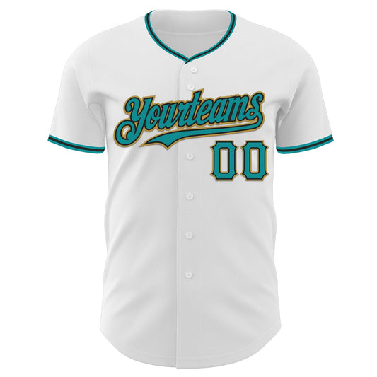 Custom White Teal Black-Old Gold Authentic Baseball Jersey
