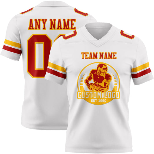 Custom White Red-Gold Mesh Authentic Football Jersey
