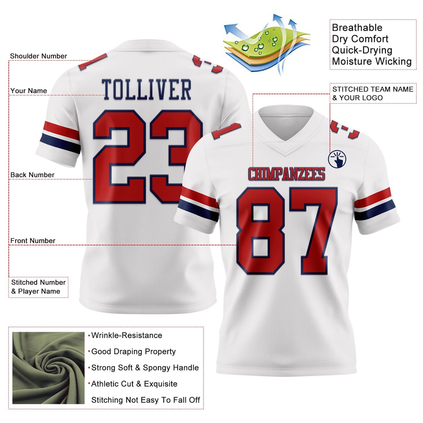 Custom White Red-Navy Mesh Authentic Football Jersey