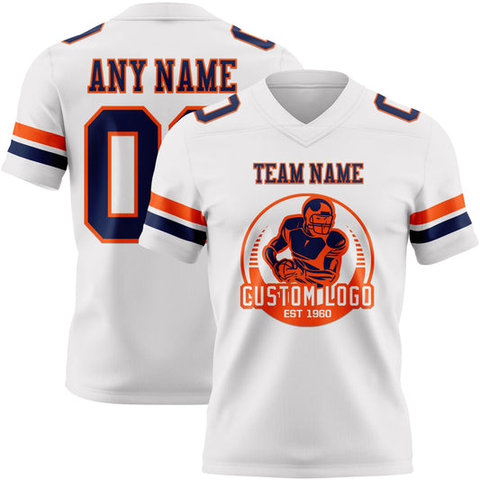 Custom White Navy-Orange Mesh Authentic Football Jersey