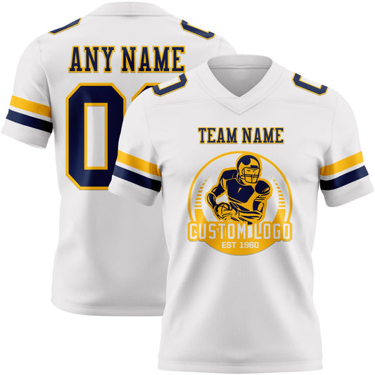 Custom White Navy-Gold Mesh Authentic Football Jersey
