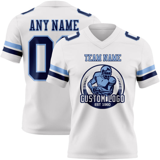 Custom White Navy-Light Blue Mesh Authentic Football Jersey