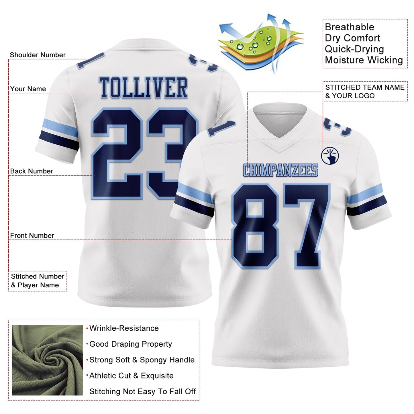 Custom White Navy-Light Blue Mesh Authentic Football Jersey