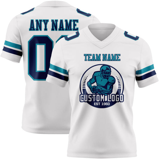 Custom White Navy-Teal Mesh Authentic Football Jersey