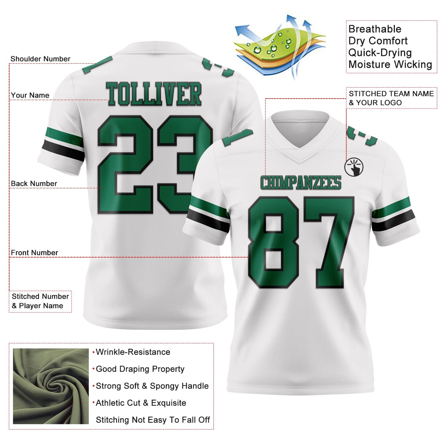 Custom White Kelly Green-Black Mesh Authentic Football Jersey