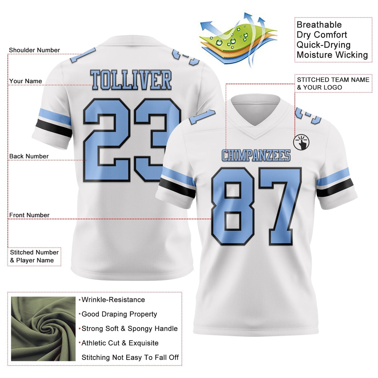 Custom White Light Blue-Black Mesh Authentic Football Jersey