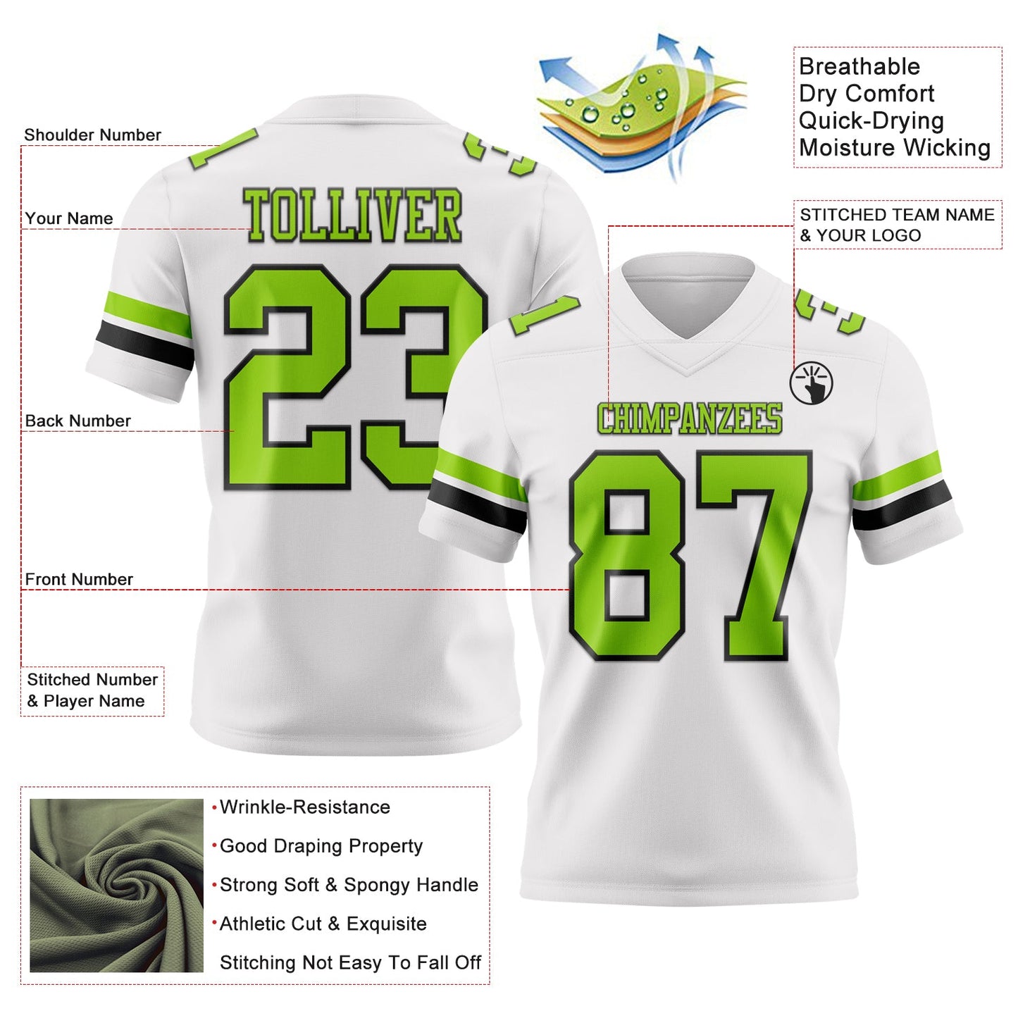Custom White Neon Green-Black Mesh Authentic Football Jersey