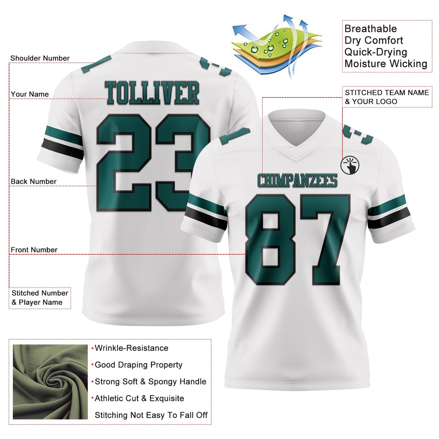 Custom White Midnight Green-Black Mesh Authentic Football Jersey
