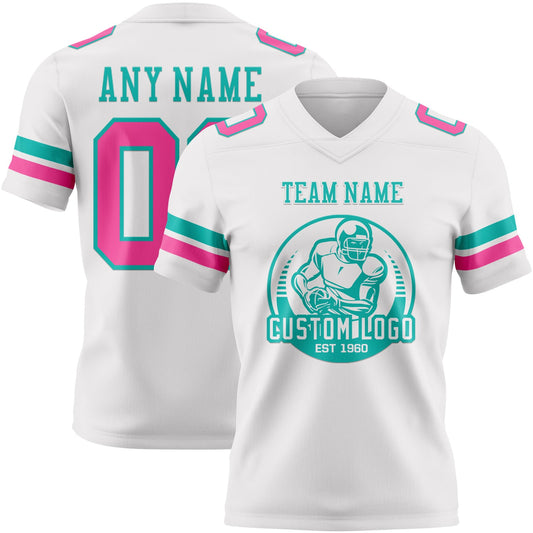 Custom White Pink-Aqua Mesh Authentic Football Jersey