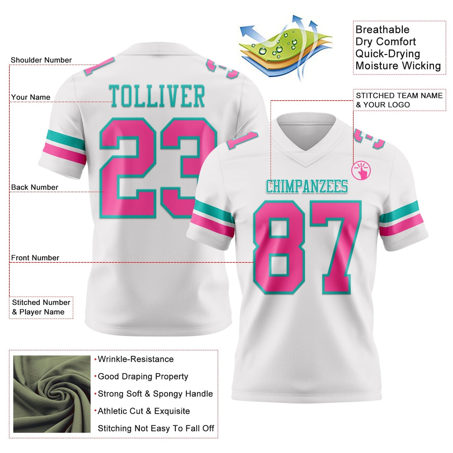 Custom White Pink-Aqua Mesh Authentic Football Jersey