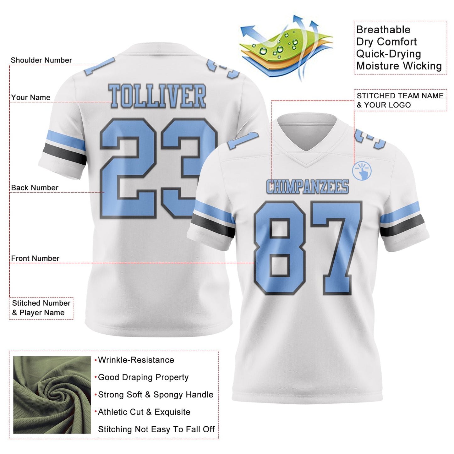 Custom White Light Blue-Steel Gray Mesh Authentic Football Jersey