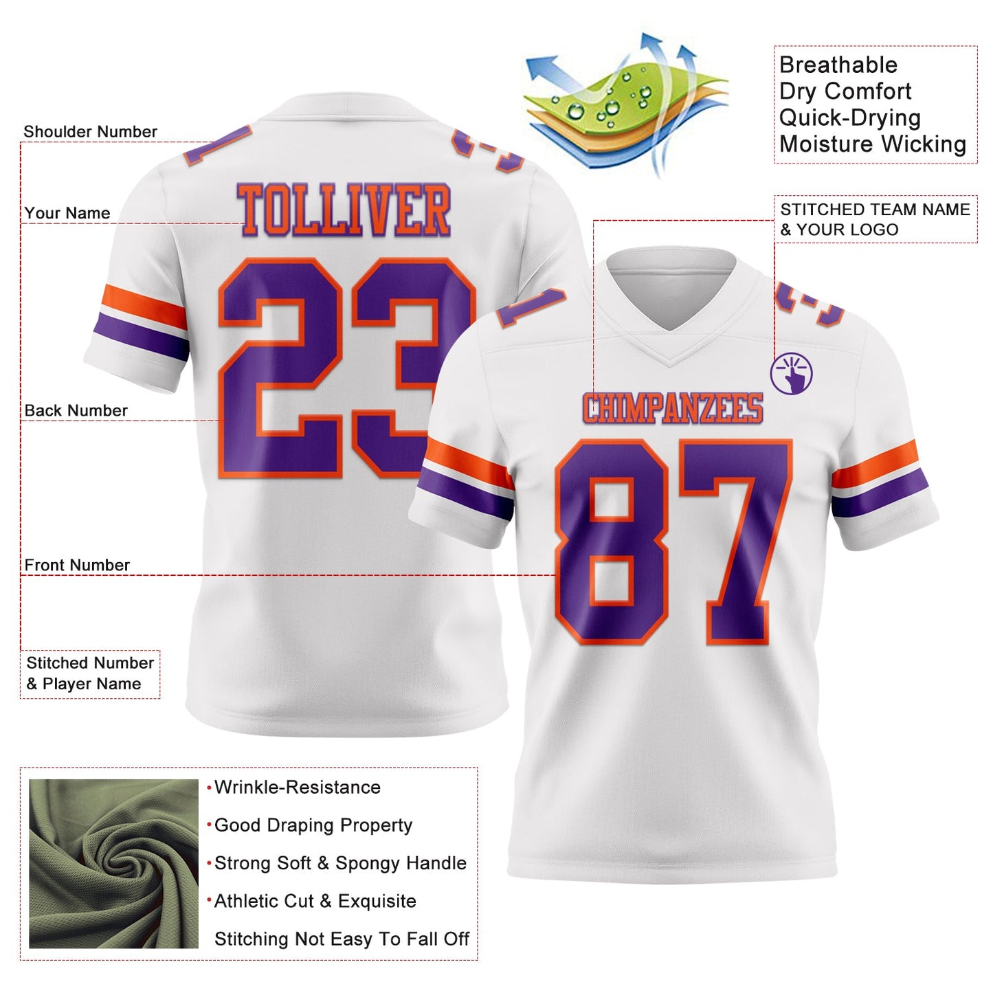 Custom White Purple-Orange Mesh Authentic Football Jersey