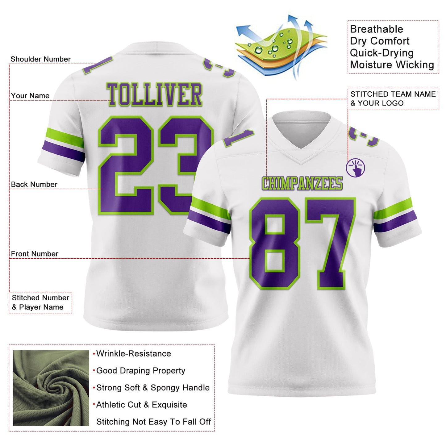 Custom White Purple-Neon Green Mesh Authentic Football Jersey