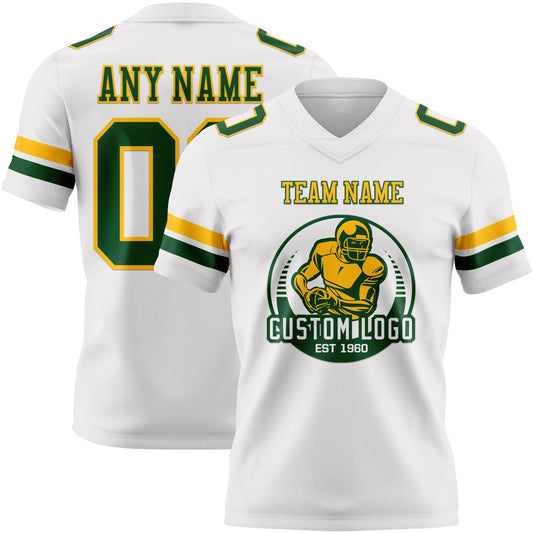 Custom White Green-Gold Mesh Authentic Football Jersey