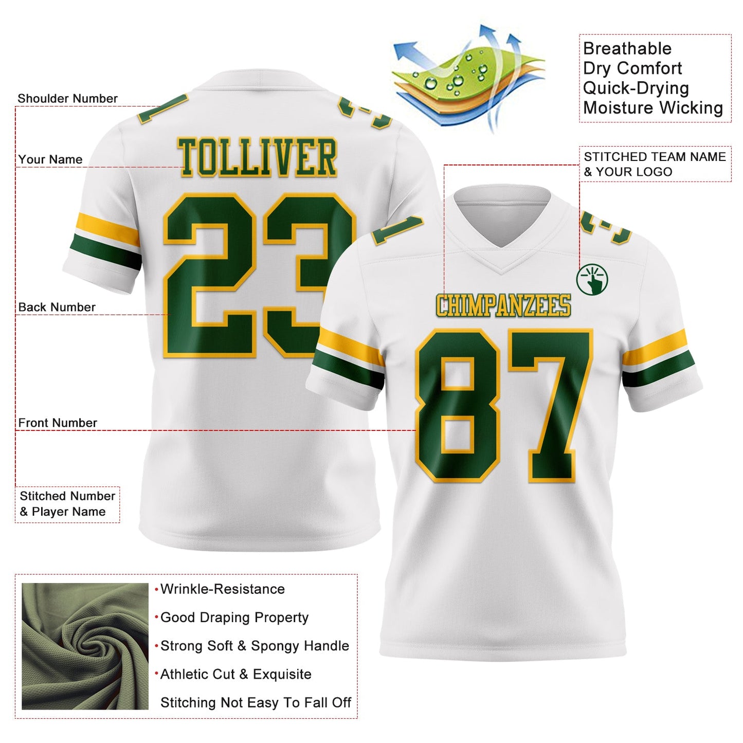 Custom White Green-Gold Mesh Authentic Football Jersey