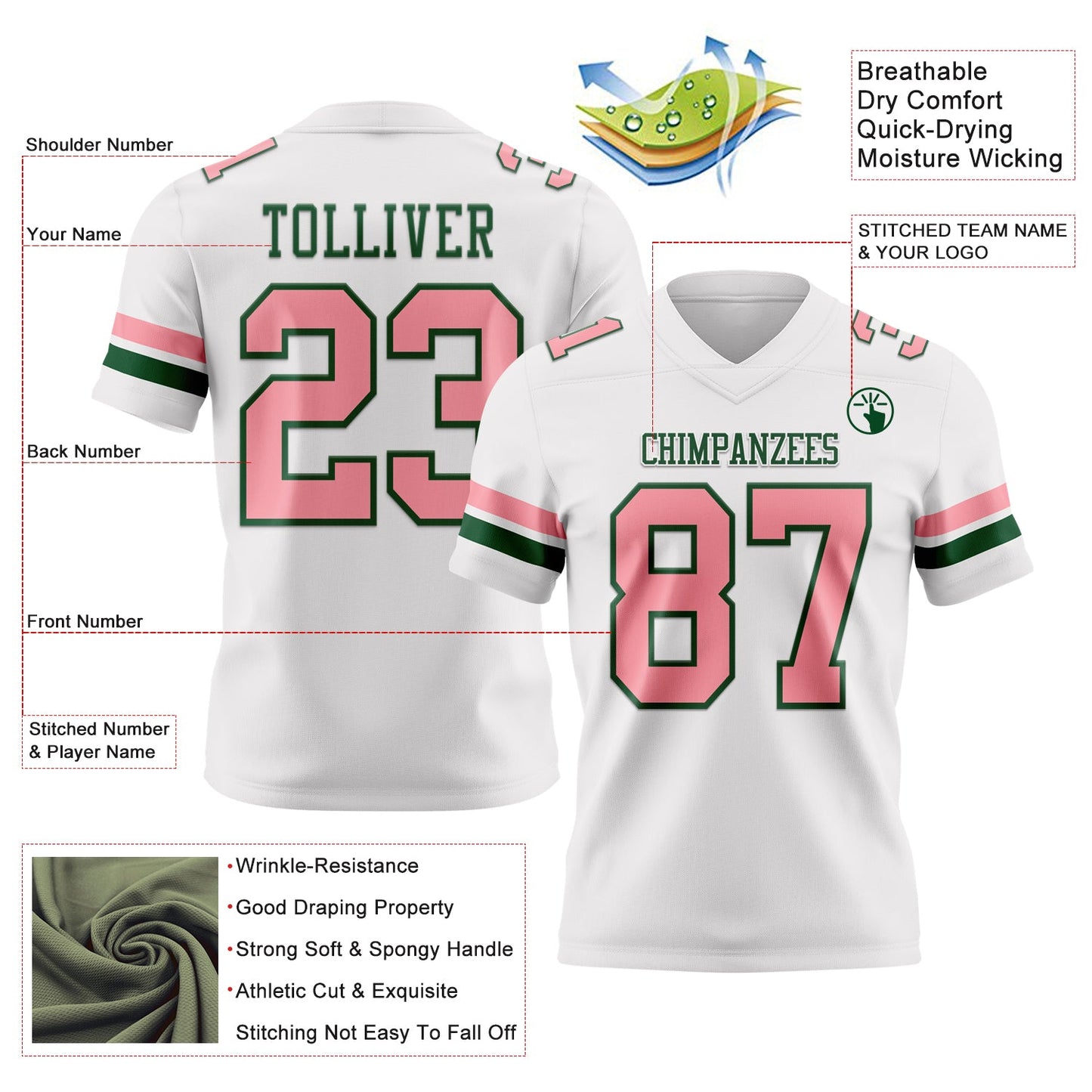 Custom White Medium Pink-Green Mesh Authentic Football Jersey