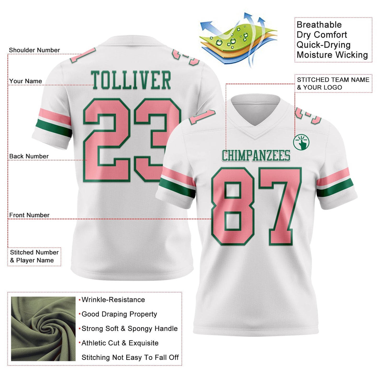 Custom White Medium Pink-Kelly Green Mesh Authentic Football Jersey