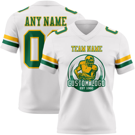 Custom White Kelly Green-Gold Mesh Authentic Football Jersey
