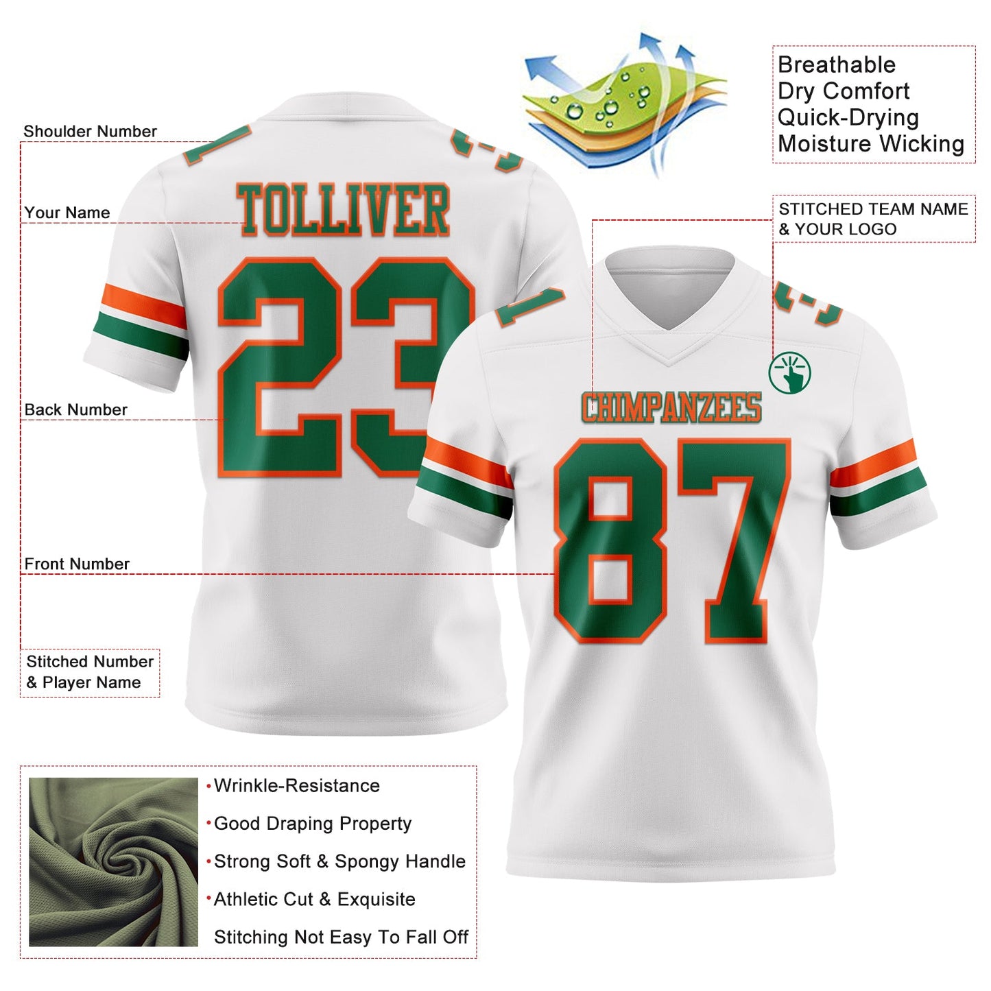Custom White Kelly Green-Orange Mesh Authentic Football Jersey