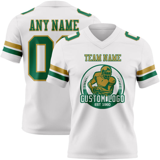 Custom White Kelly Green-Old Gold Mesh Authentic Football Jersey