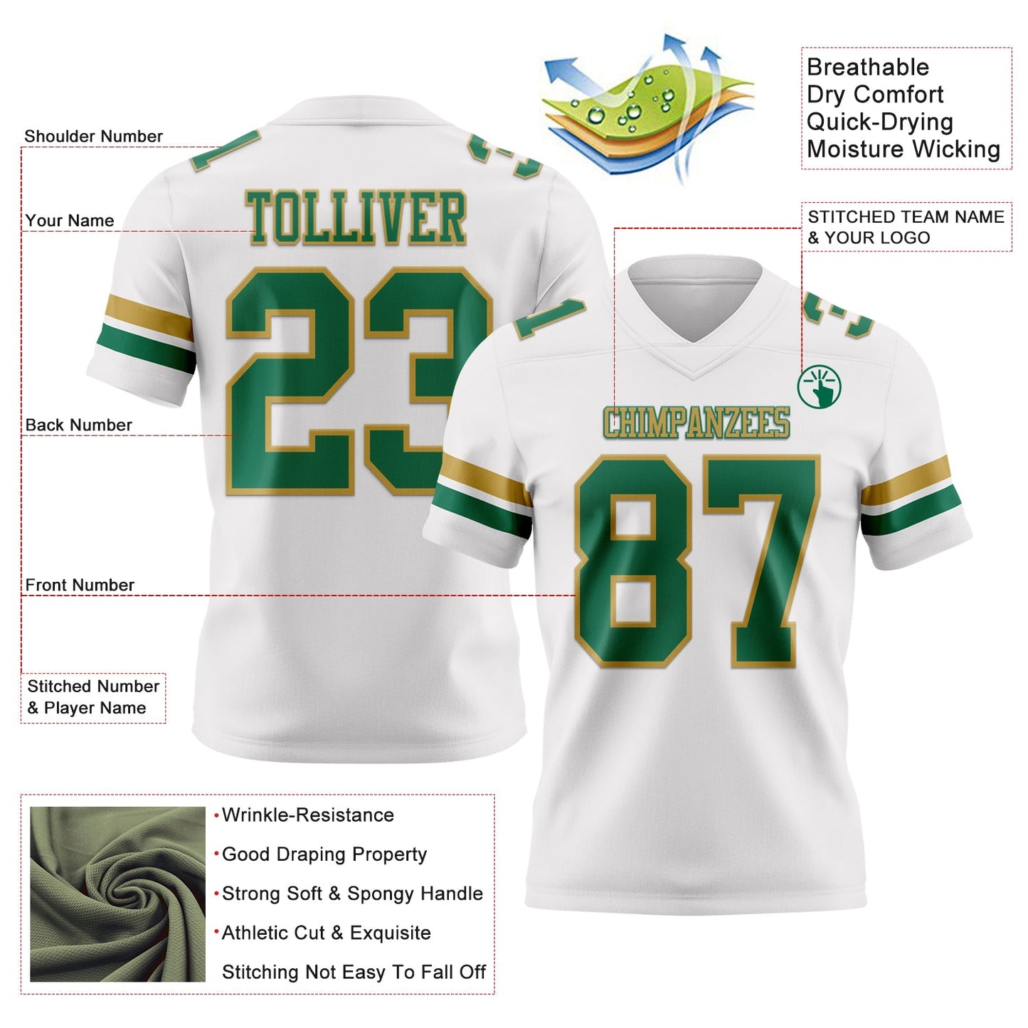 Custom White Kelly Green-Old Gold Mesh Authentic Football Jersey