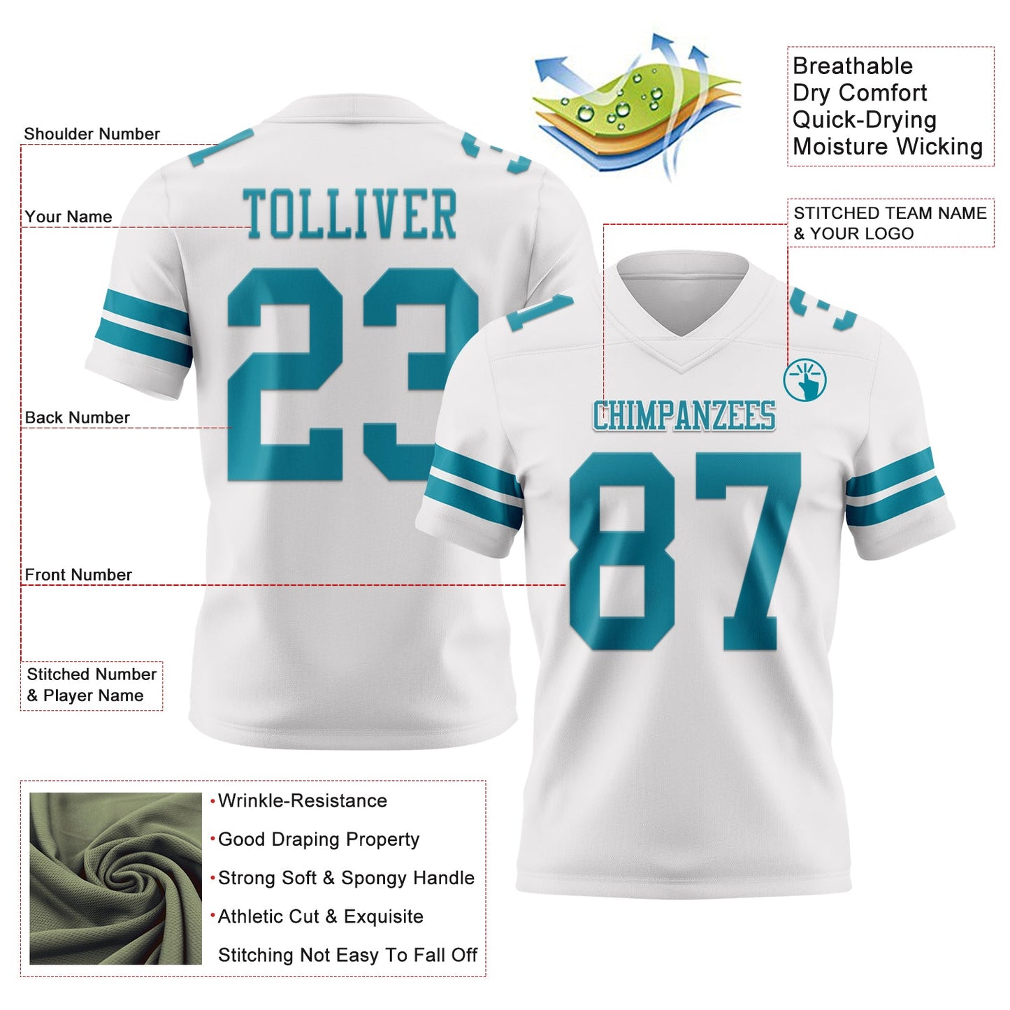 Custom White Teal Mesh Authentic Football Jersey