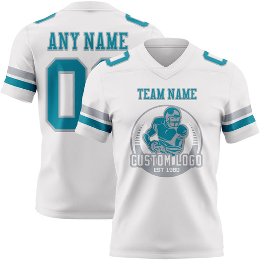 Custom White Teal-Gray Mesh Authentic Football Jersey