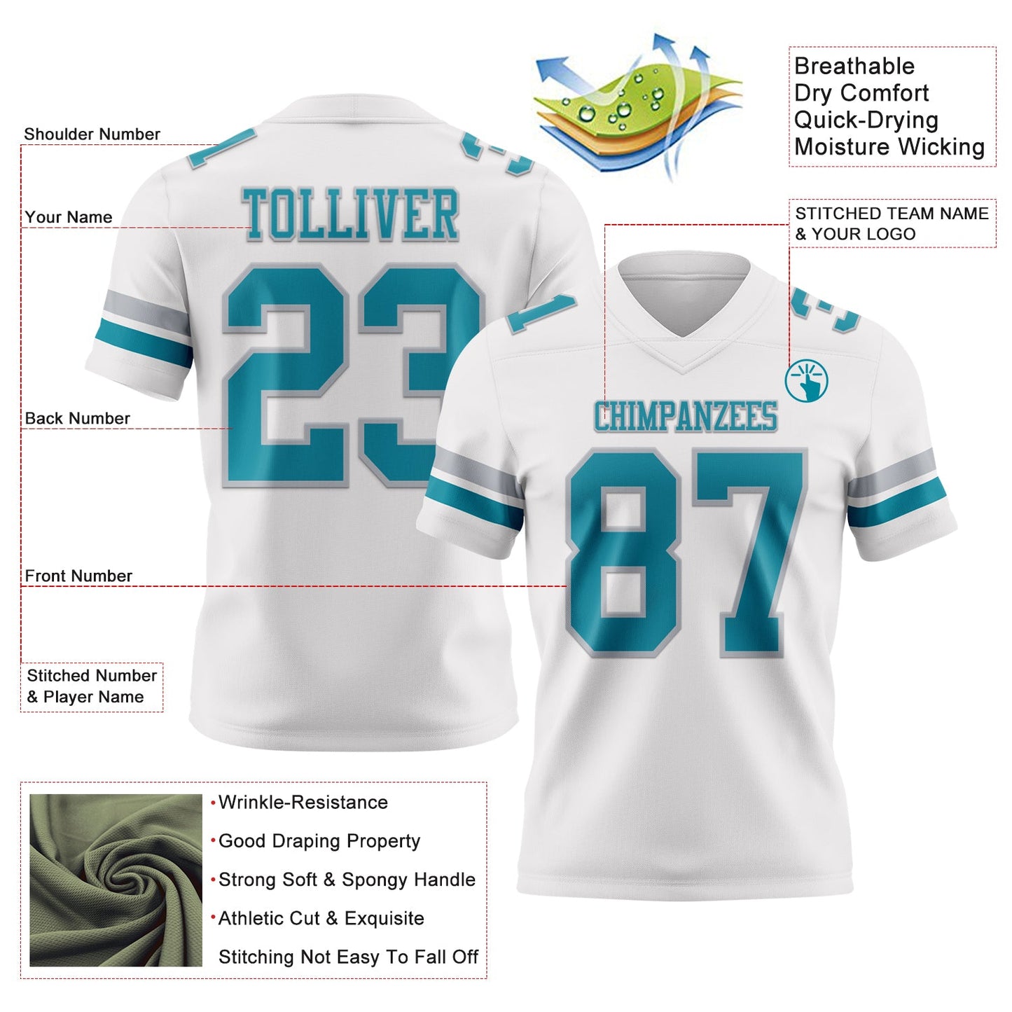 Custom White Teal-Gray Mesh Authentic Football Jersey