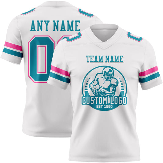 Custom White Teal-Pink Mesh Authentic Football Jersey