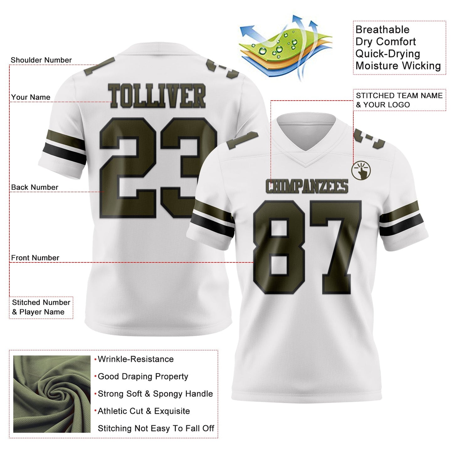 Custom White Olive-Black Mesh Authentic Football Jersey