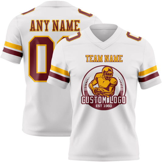 Custom White Burgundy-Gold Mesh Authentic Football Jersey