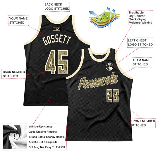 Custom Black Camo-Cream Authentic Throwback Basketball Jersey