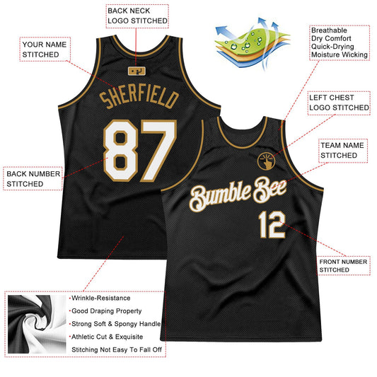 Custom Black White-Old Gold Authentic Throwback Basketball Jersey