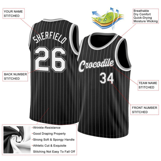 Custom Black White Pinstripe White-Gray Authentic Basketball Jersey
