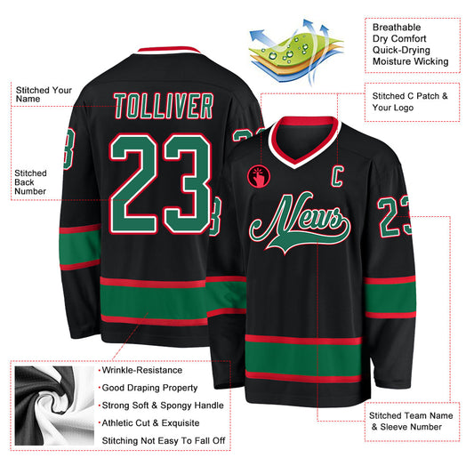 Custom Black Kelly Green-Red Hockey Jersey