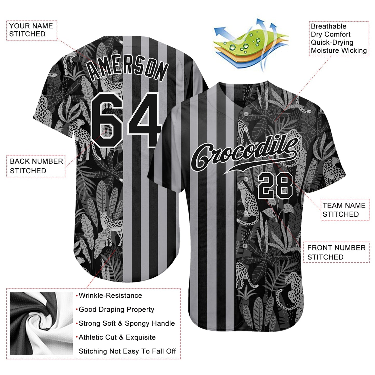 Custom Black Black-Gray 3D Pattern Design Leopards And Tropical Leaves Authentic Baseball Jersey