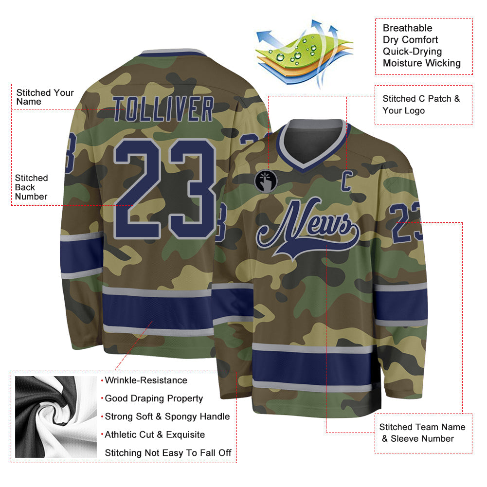Custom Camo Navy-Gray Salute To Service Hockey Jersey