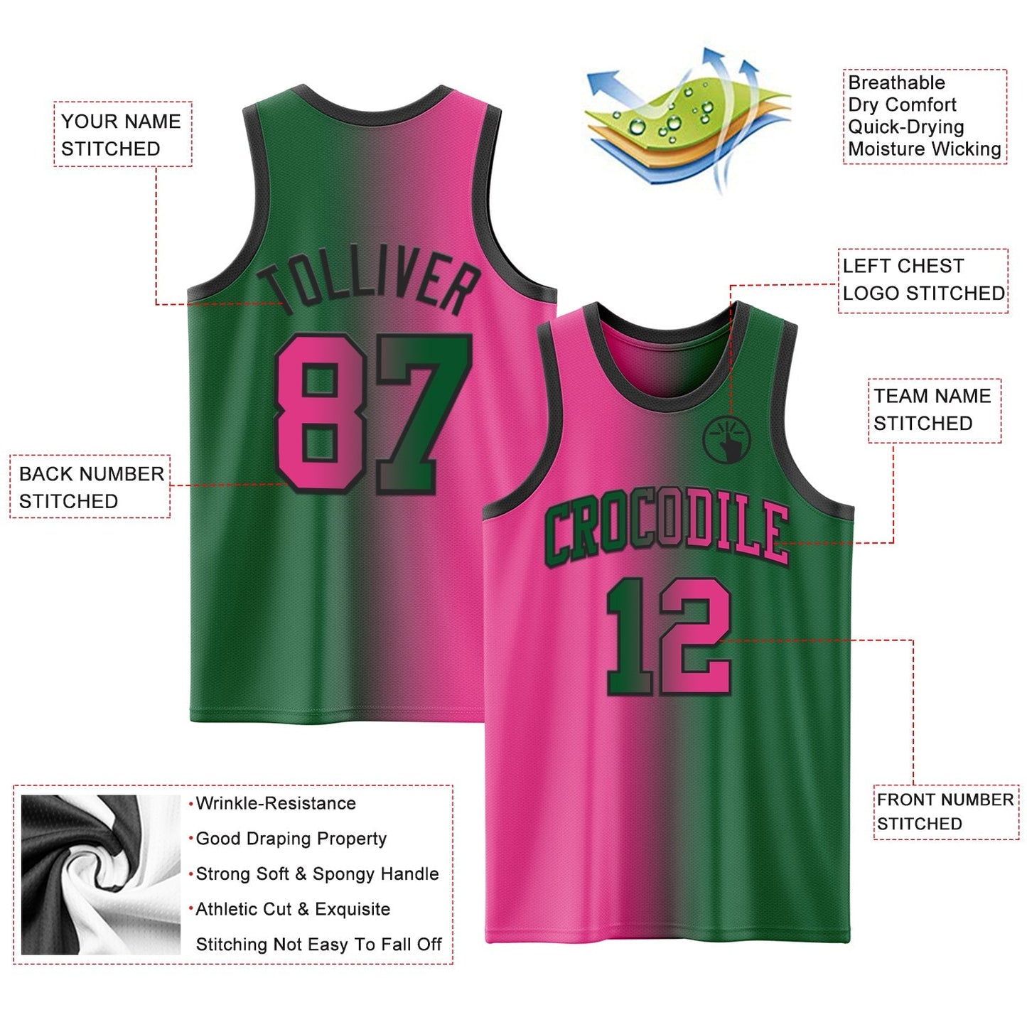 Custom Kelly Green Pink - Black Authentic Gradient Fashion Basketball Jersey - TopFanCustom
