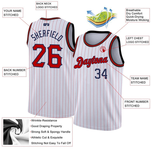 Custom White Navy Pinstripe Red - Navy Authentic Basketball Jersey - TopFanCustom