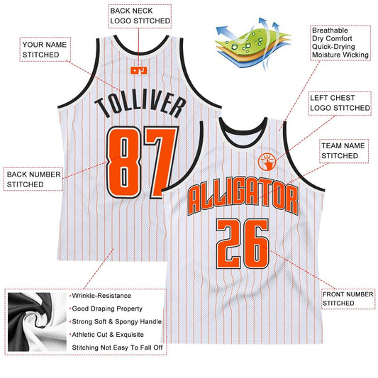 Custom White Orange Pinstripe Orange - Black Authentic Basketball Jersey - TopFanCustom