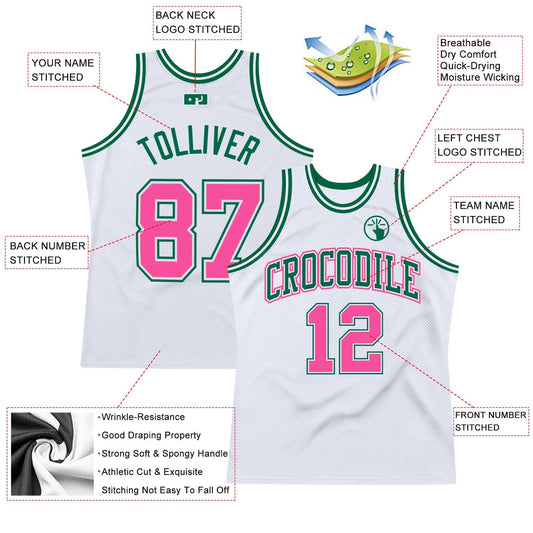 Custom White Pink - Kelly Green Authentic Throwback Basketball Jersey - TopFanCustom