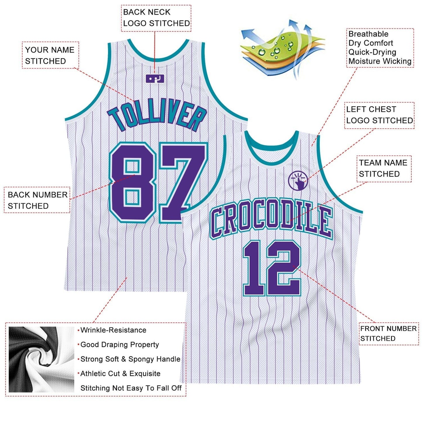 Custom White Purple Pinstripe Purple - Teal Authentic Basketball Jersey - TopFanCustom