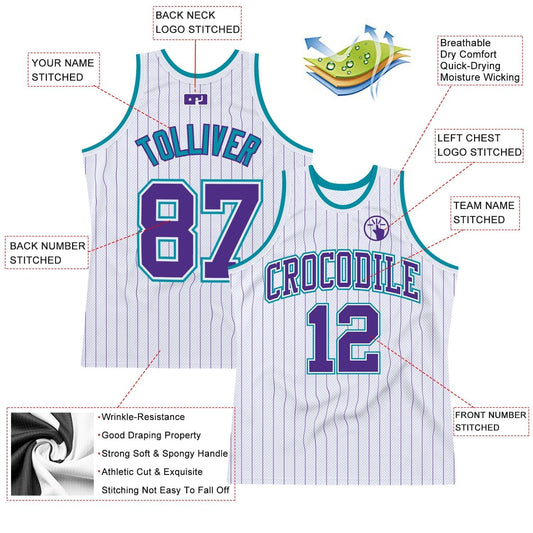 Custom White Purple Pinstripe Purple - Teal Authentic Basketball Jersey - TopFanCustom