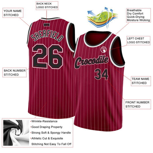 Custom Maroon White Pinstripe Black-White Authentic Basketball Jersey