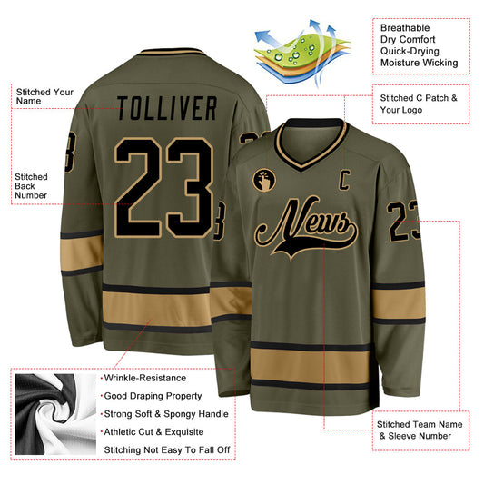 Custom Olive Black-Old Gold Salute To Service Hockey Jersey